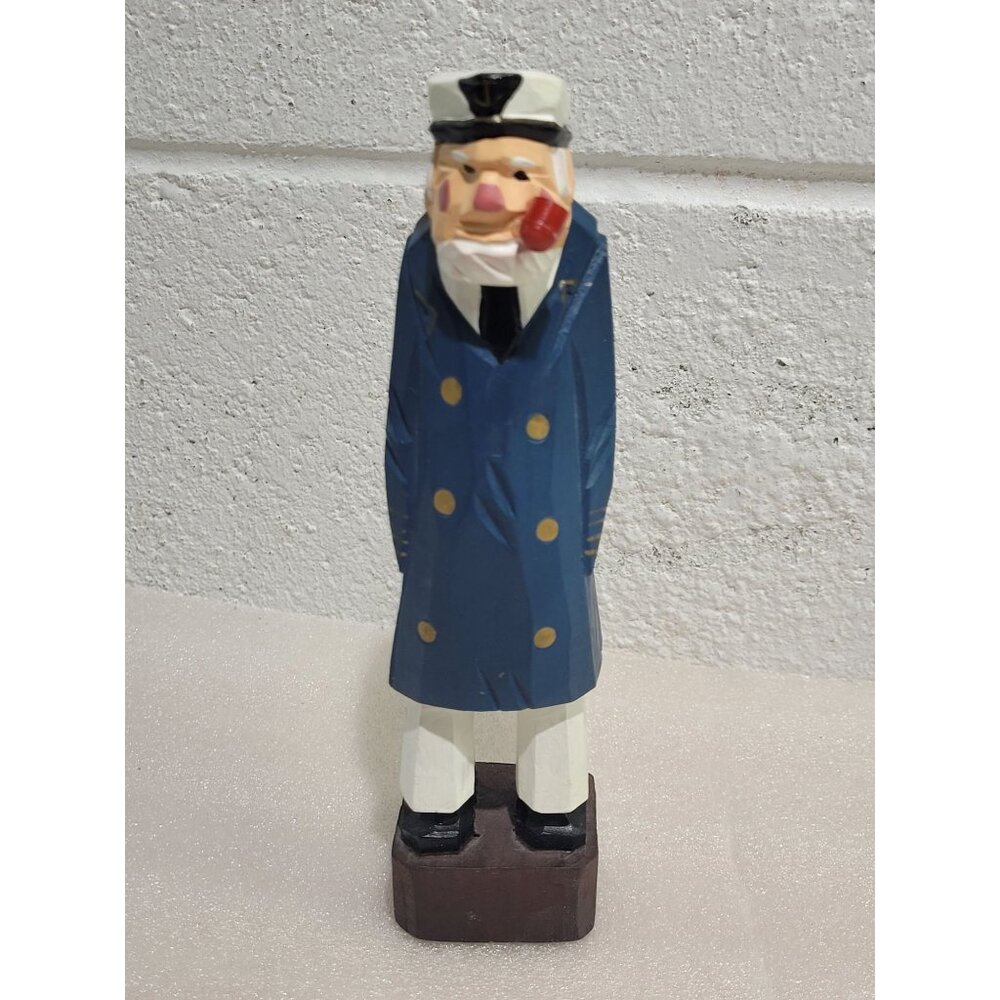 Hand Carved Wooden Sailor Captain Blue Jacket White Hat Nautical 8" Sea Salt